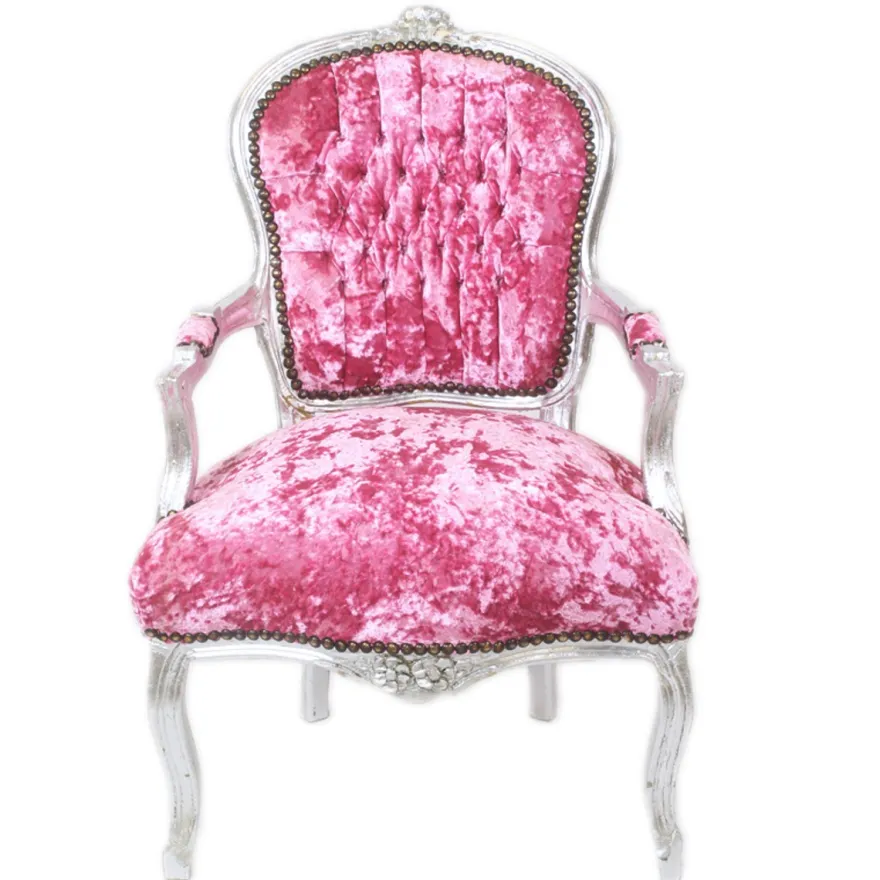 Casa Padrino Barock Salon Stuhl Pink Velour Stoff / Silber - Antik Design Möbel