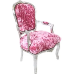 Casa Padrino Barock Salon Stuhl Pink Velour Stoff / Silber - Antik Design Möbel