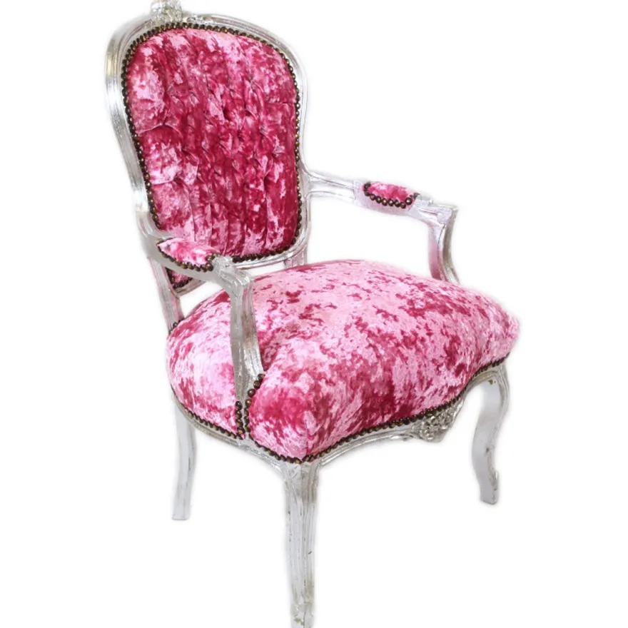 Casa Padrino Barock Salon Stuhl Pink Velour Stoff / Silber - Antik Design Möbel