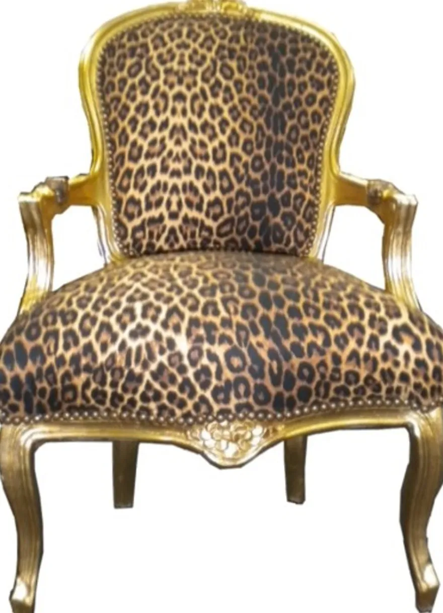 Casa Padrino Barock Salon Stuhl Leopard / Gold - Antik Stil Möbel