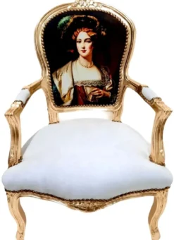 Casa Padrino Barock Salon Stuhl Dame Weiß / Gold - Handgefertigter Antik Stil Stuhl mit Armlehnen - Möbel im Barockstil
