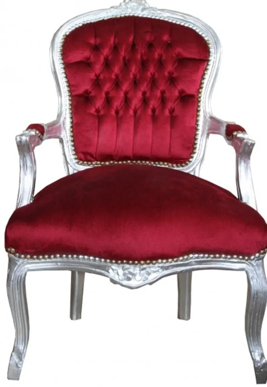 Casa Padrino Barock Salon Stuhl Bordeaux / Silber - Antik Stil Möbel
