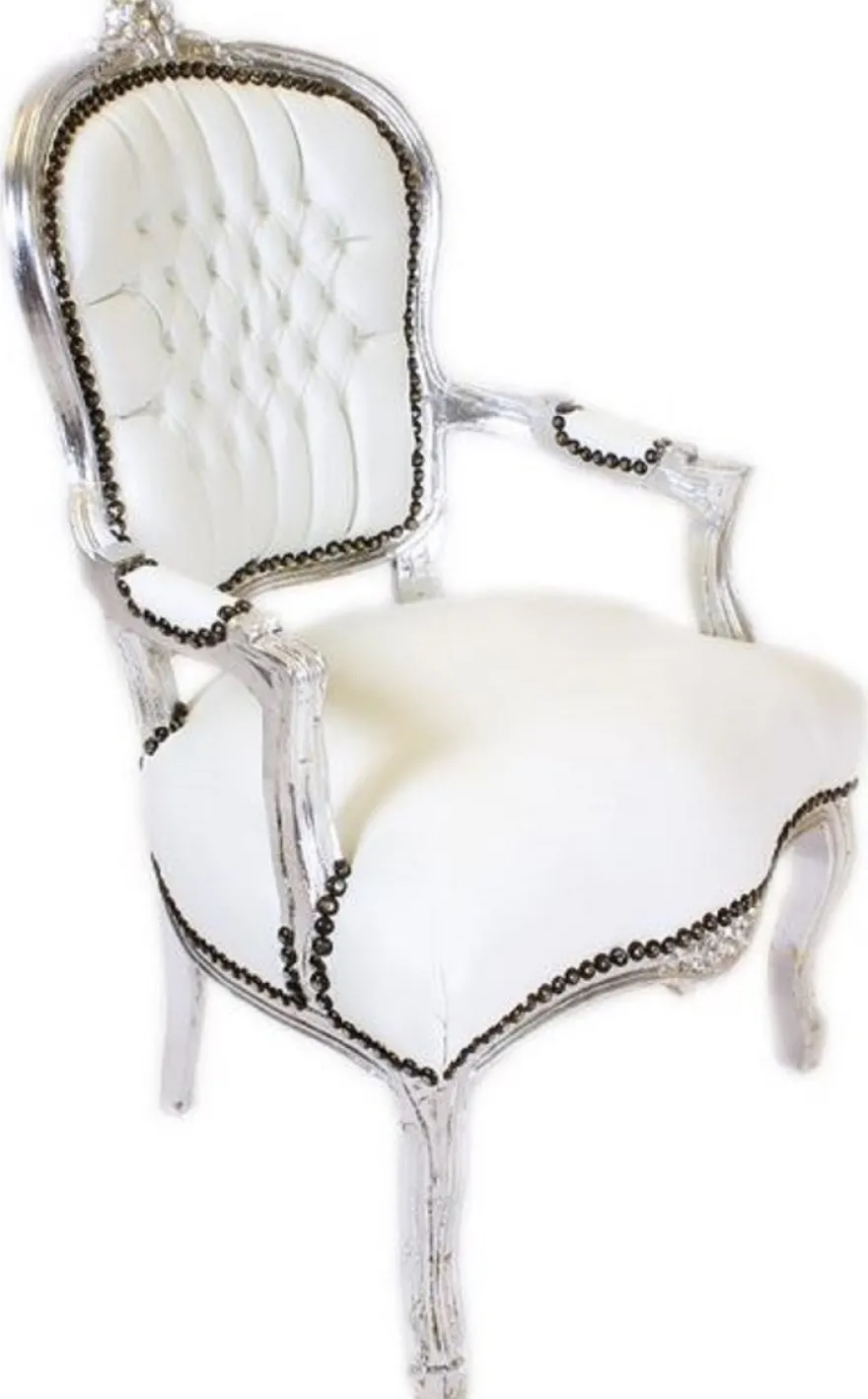 Casa Padrino Barock Salon Stuhl Weiß / Silber - Handgefertigter Antik Stil Stuhl mit edlem Kunstleder - Möbel im Barockstil - Barock Möbel - Barock Einrichtung