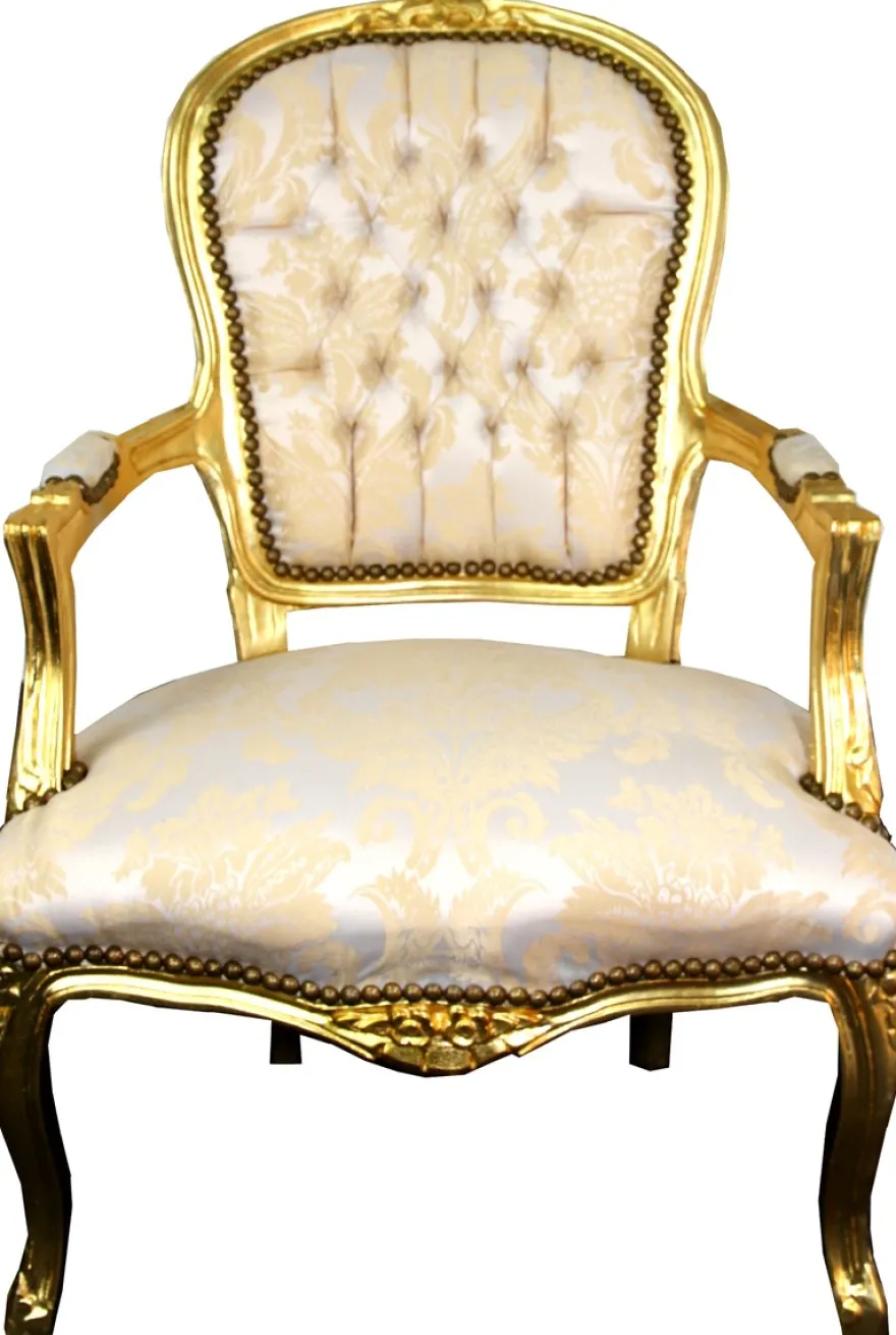 Casa Padrino Barock Salon Stuhl Creme Muster / Gold - Antik Look Möbel
