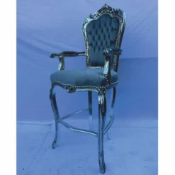 Casa Padrino Barock Samt Barstuhl mit Armlehnen Grau / Silber - Barock Bar Möbel