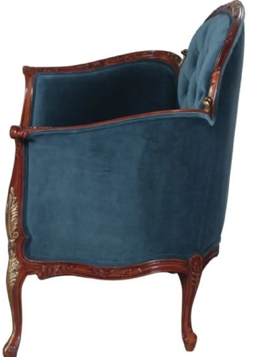 Casa Padrino Barock Samt Sofa Blau / Braun / Messingfarben 125 x 73,5 x H. 92,5 cm - Möbel im Barockstil