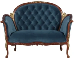Casa Padrino Barock Samt Sofa Blau / Braun / Messingfarben 125 x 73,5 x H. 92,5 cm - Möbel im Barockstil