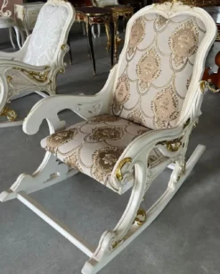 Casa Padrino Barock Schaukelsessel Grau / Braun / Creme / Weiß / Gold - Handgefertigter Schaukelstuhl mit Armlehnen und Fußstütze - Barock Möbel - Wohnzimmer Möbel im Barockstil