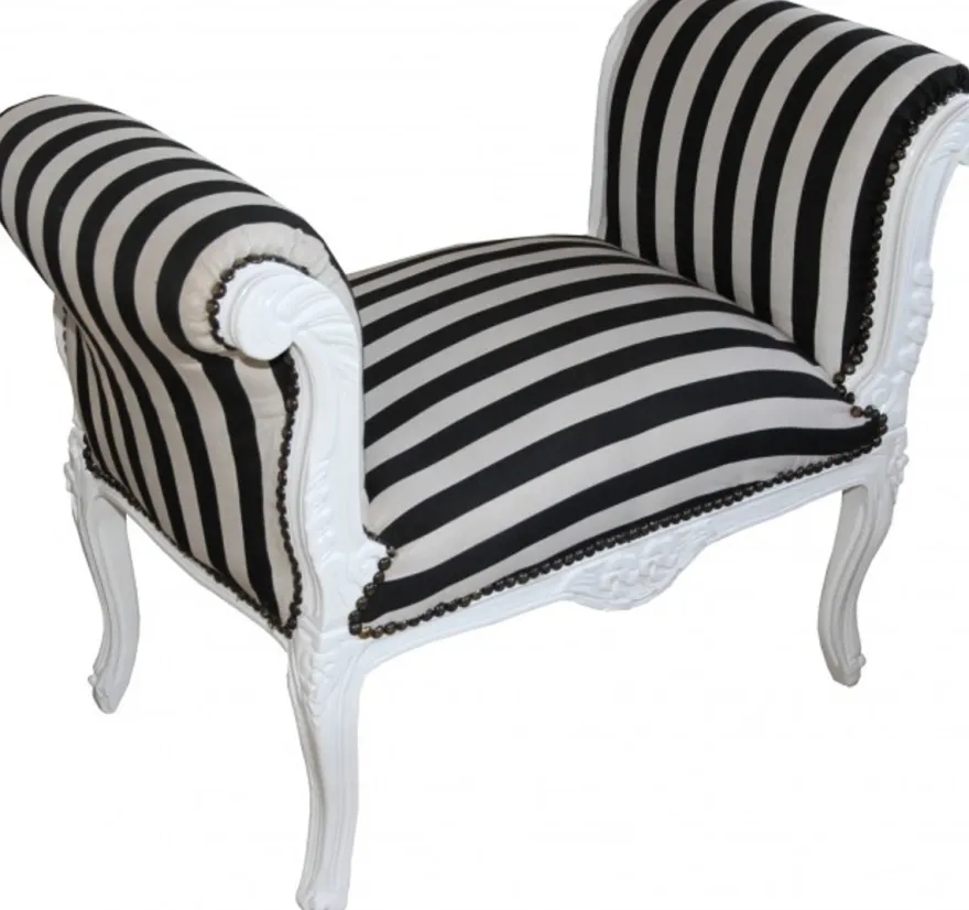 Casa Padrino Barock Schemel Hocker Schwarz / Weiß Streifen Weiß - Sitzbank