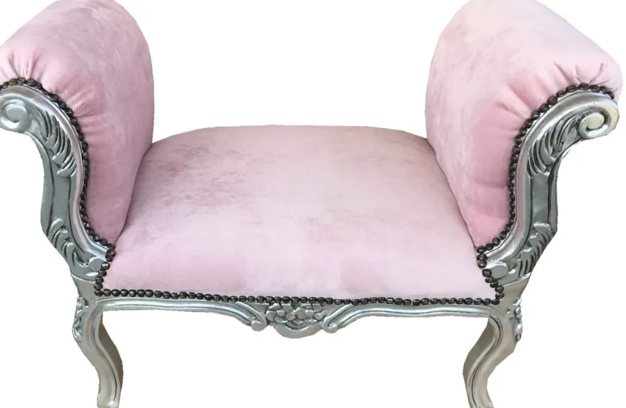 Casa Padrino Barock Schemel Hocker Hell Rosa / Silber - Sitzbank - Limited Edition