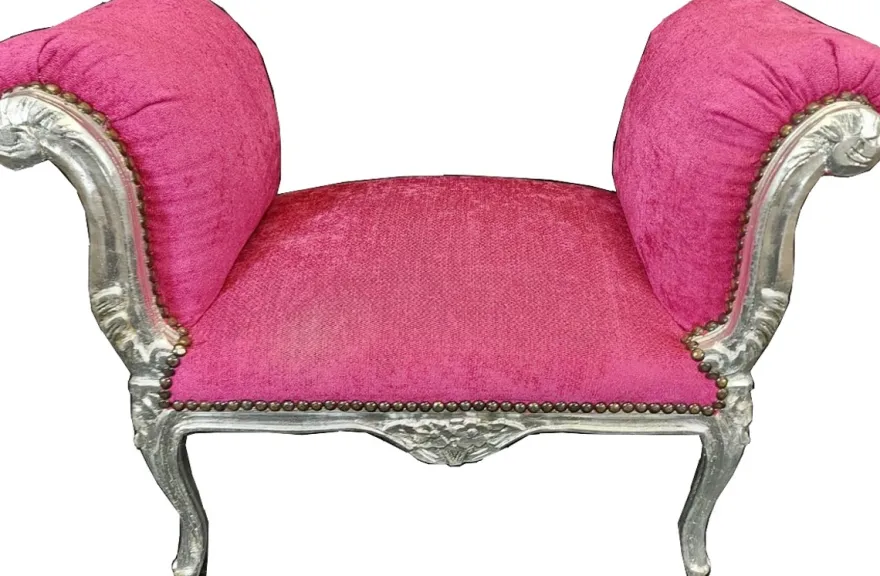 Casa Padrino Barock Schemel Pink / Silber - Handgefertigter Antik Stil Hocker - Barockstil Hocker - Wohnzimmer Möbel im Barockstil - Barockstil Möbel - Barock Möbel - Barock Einrichtung