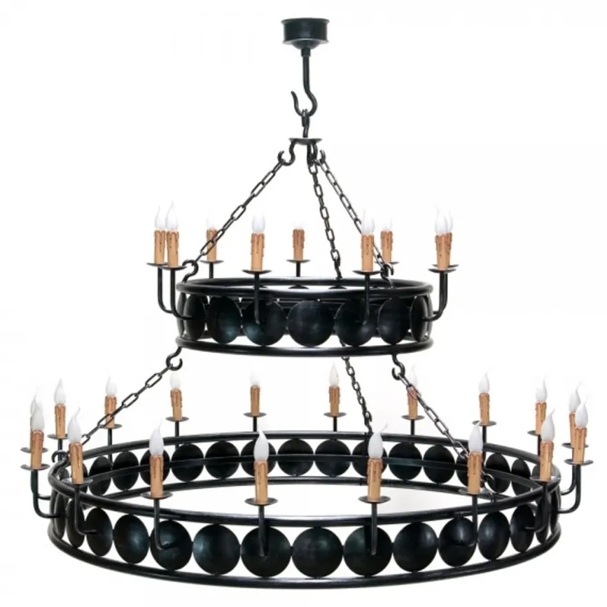 Casa Padrino Barock Schmiedeeisen Kronleuchter 27-Flammig in Schwarz, Hängeleuchte für Schloss & Burg, Höhe 1400 mm, Durchmesser 1500 mm