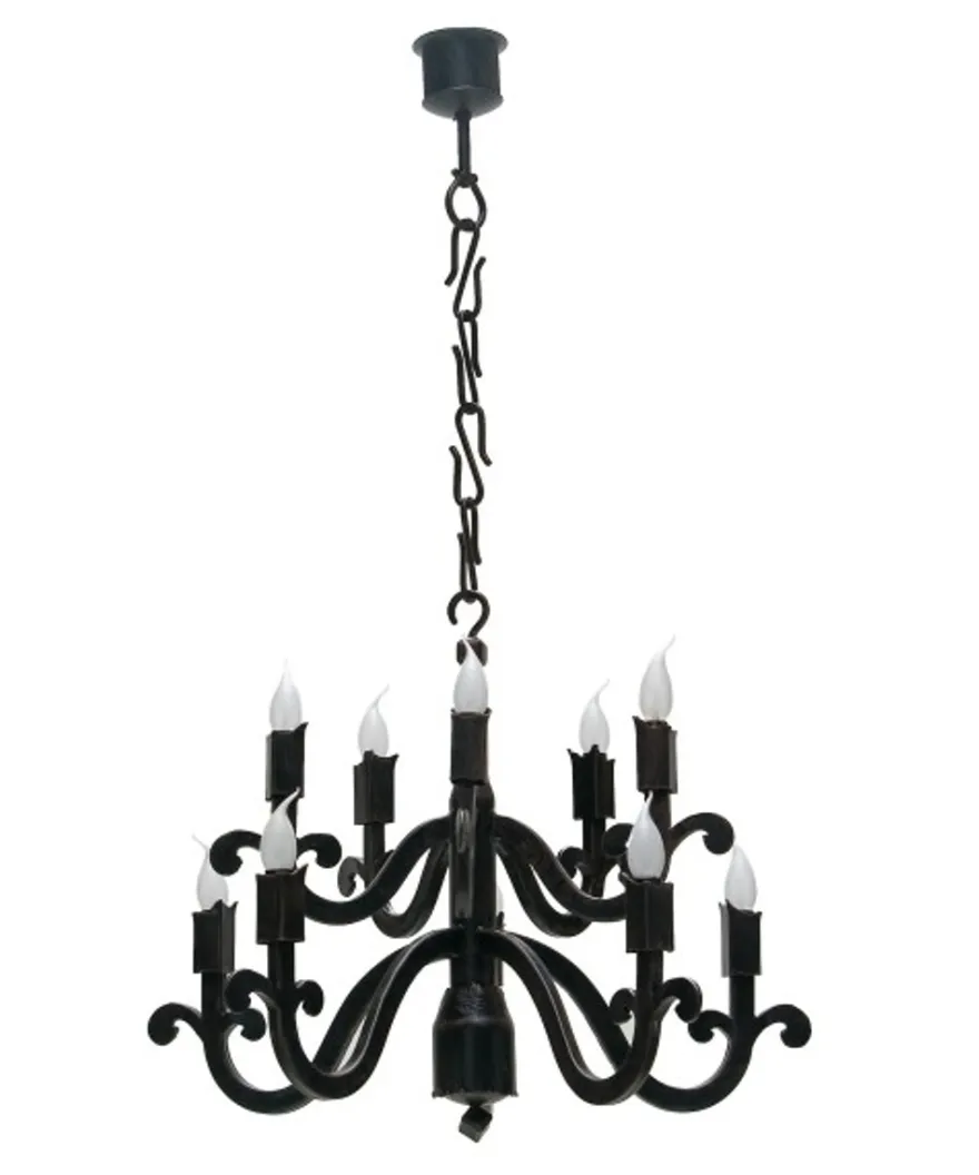 Casa Padrino Barock Schmiedeeisen Kronleuchter 10-Flammig - Hängeleuchte, Schwarz, Ø 700 mm, Länge 820-1220 mm