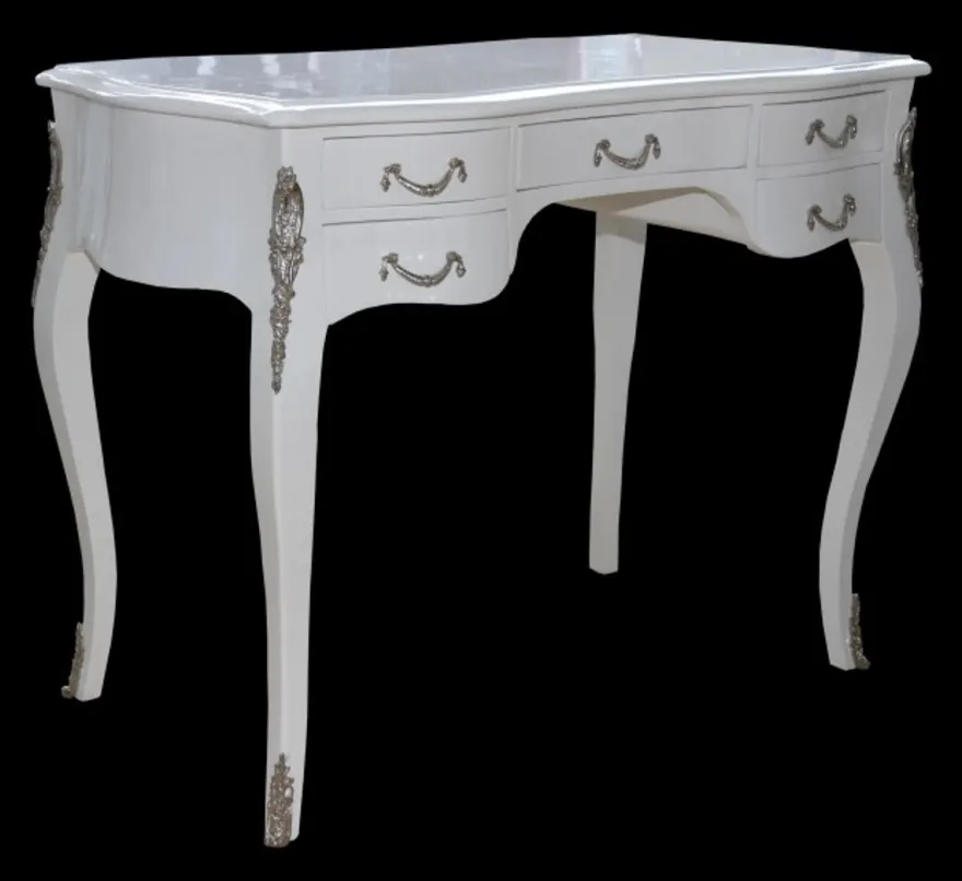 Casa Padrino Barock Schreibtisch in Weiß Hochglanz und Silber - Luxuriöser Sekretär mit 5 Schubladen - 100 x 80 x 58 cm