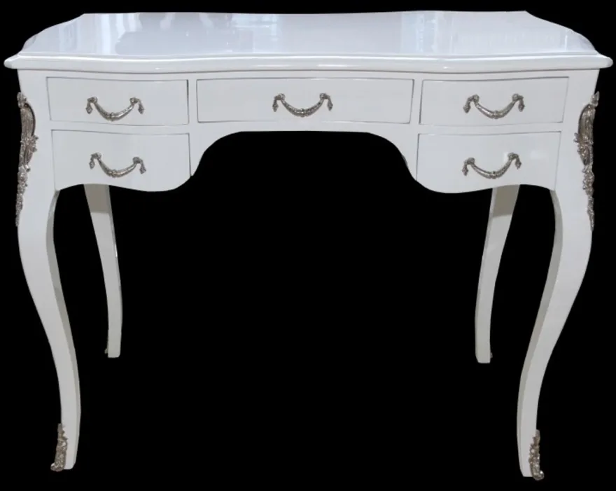 Casa Padrino Barock Schreibtisch in Weiß Hochglanz und Silber - Luxuriöser Sekretär mit 5 Schubladen - 100 x 80 x 58 cm