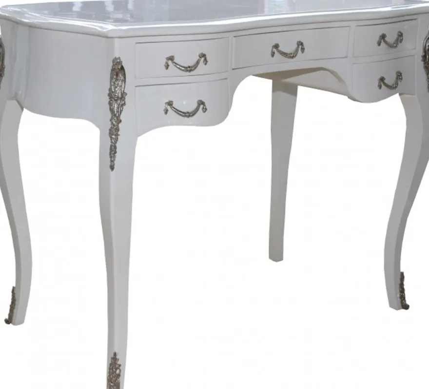 Casa Padrino Barock Schreibtisch in Weiß Hochglanz und Silber - Luxuriöser Sekretär mit 5 Schubladen - 100 x 80 x 58 cm