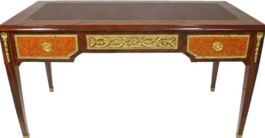 Casa Padrino Barock Schreibtisch Braun / Gold 180 x 70 x H. 80 cm - Handgefertigter Massivholz Bürotisch mit 3 Schubladen - Büro Möbel im Barockstil