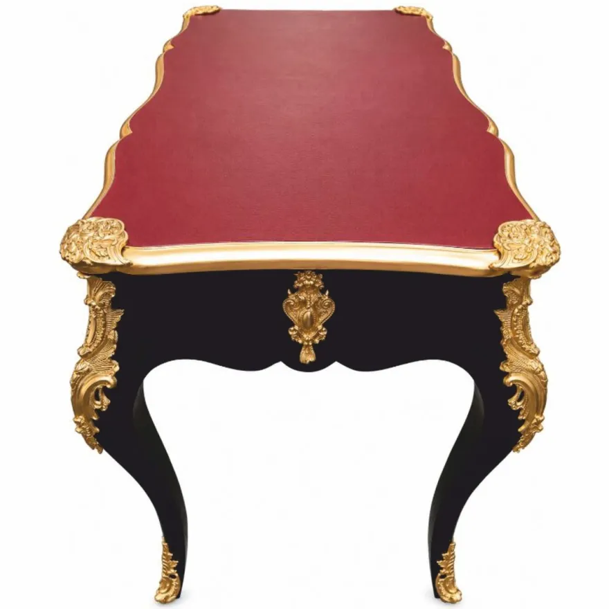 Casa Padrino Barock Schreibtisch Schwarz / Gold / Bordeauxrot 141 cm - Prunkvoller Barockstil Sekretär mit 3 Schubladen - Barock Büro Möbel