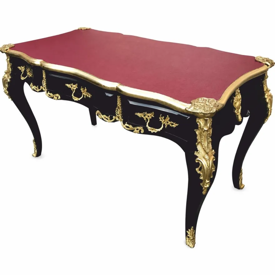 Casa Padrino Barock Schreibtisch Schwarz / Gold / Bordeauxrot 141 cm - Prunkvoller Barockstil Sekretär mit 3 Schubladen - Barock Büro Möbel