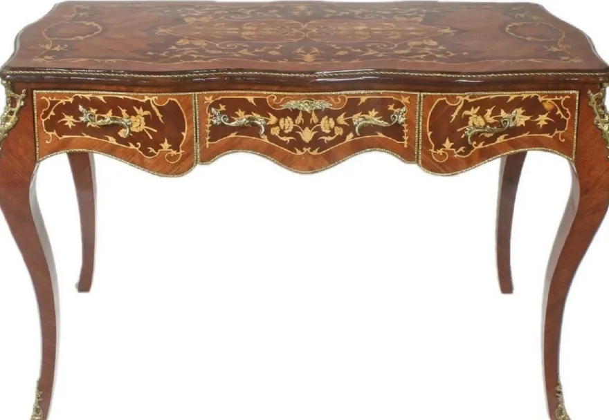Casa Padrino Barock Schreibtisch Braun / Messingfarben 140 x 60 x H. 80 cm - Handgefertigter Massivholz Bürotisch mit 3 Schubladen und massiven Metallapplikationen - Barock Büro Möbel