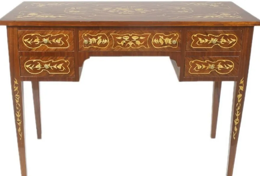 Casa Padrino Barock Schreibtisch Braun / Gold 120 x 60 x H. 80 cm - Handgefertigter Massivholz Bürotisch mit 5 Schubladen - Büro Möbel im Barockstil
