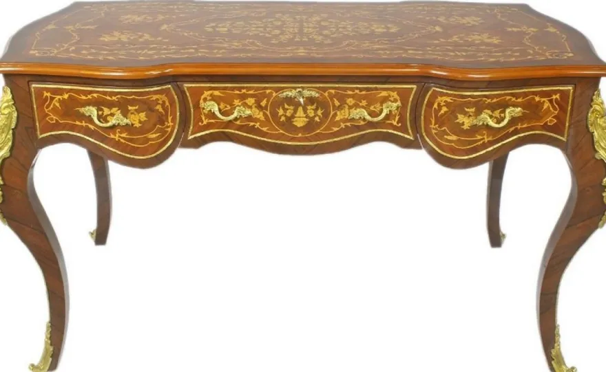 Casa Padrino Barock Schreibtisch Braun / Gold 160 x 70 x H. 80 cm - Handgefertigter Massivholz Bürotisch mit 3 Schubladen und massiven Metallapplikationen - Barock Büro Möbel