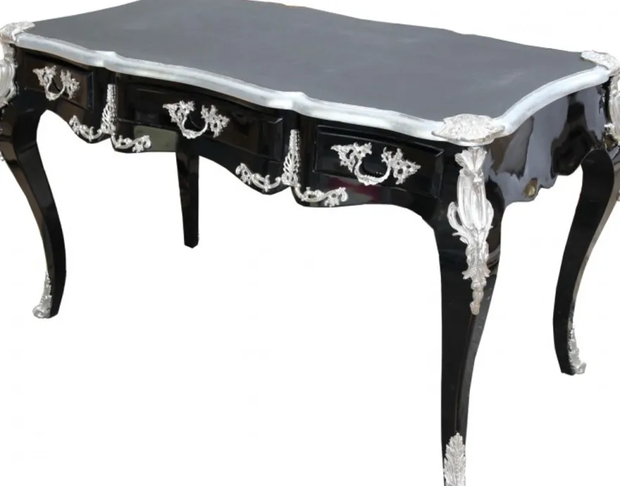 Casa Padrino Barock Schreibtisch Sekretär im Antik Stil Schwarz / Silber 138 x 70 x H. 80 cm