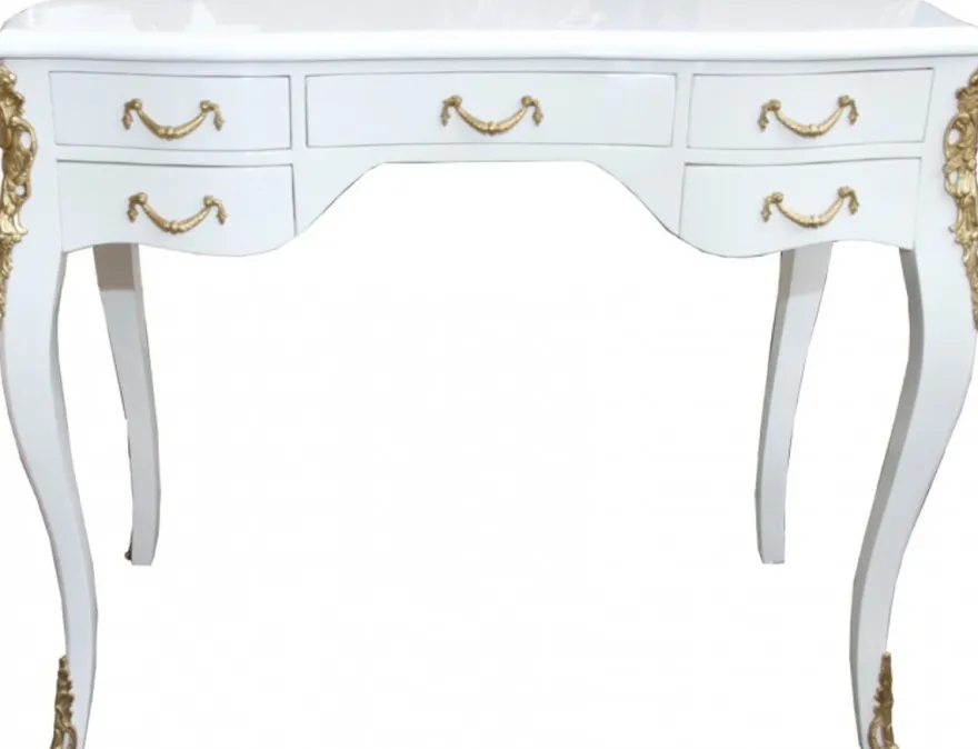 Casa Padrino Barock Schreibtisch in Weiß Hochglanz und Gold 100 x 58 x 80 cm - Luxuriöser Sekretär aus Massivholz