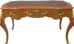 Casa Padrino Barock Schreibtisch Braun / Messingfarben 160 x 70 x H. 80 cm - Handgefertigter Massivholz Bürotisch mit 3 Schubladen und massiven Metallapplikationen - Barock Büro Möbel