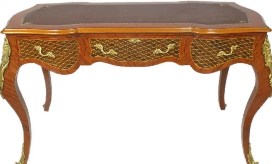 Casa Padrino Barock Schreibtisch Braun / Messingfarben 160 x 70 x H. 80 cm - Handgefertigter Massivholz Bürotisch mit 3 Schubladen und massiven Metallapplikationen - Barock Büro Möbel