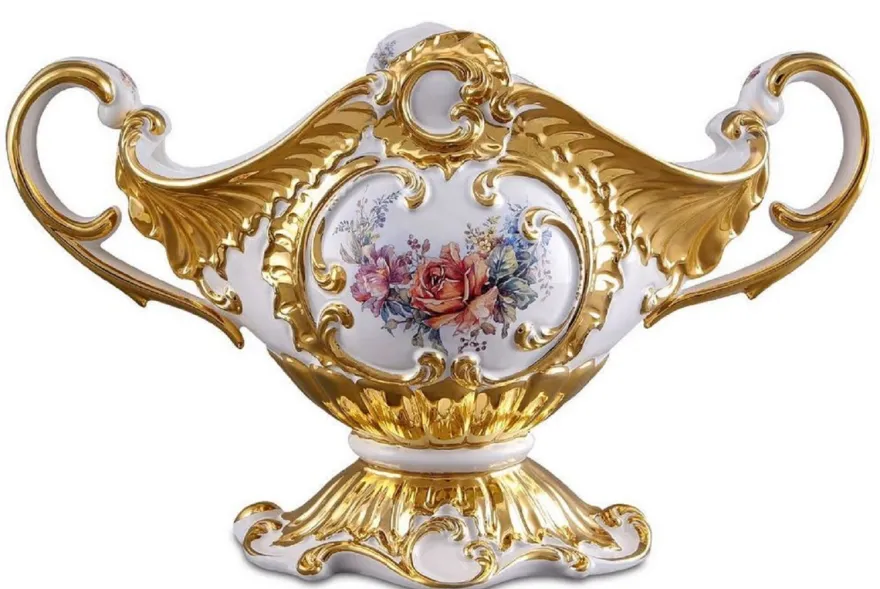 Casa Padrino Barock Schüssel Weiß / Gold / Mehrfarbig 46 x 22 x H. 29 cm - Handbemalte Keramik Schüssel mit Blumenmotiv