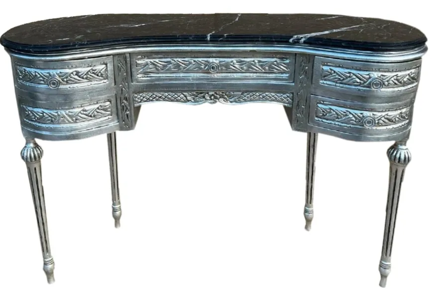 Casa Padrino Barock Sekretär mit Marmorplatte und 5 Schubladen Silber / Schwarz - Handgefertigter Massivholz Schreibtisch im Barockstil - Barock Büro Möbel