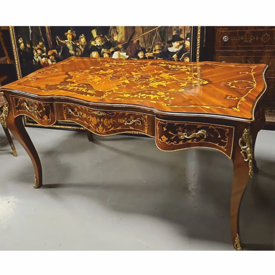 Casa Padrino Barock Sekretär mit 3 Schubladen Braun Intarsien / Gold 160 cm - Barock Büro Möbel