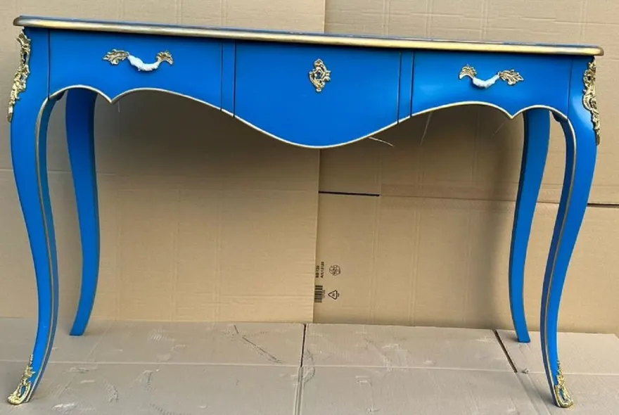 Casa Padrino Barock Sekretär mit 3 Schubladen Blau / Gold - Handgefertigter Massivholz Schreibtisch im Barockstil - Barock Büro Möbel