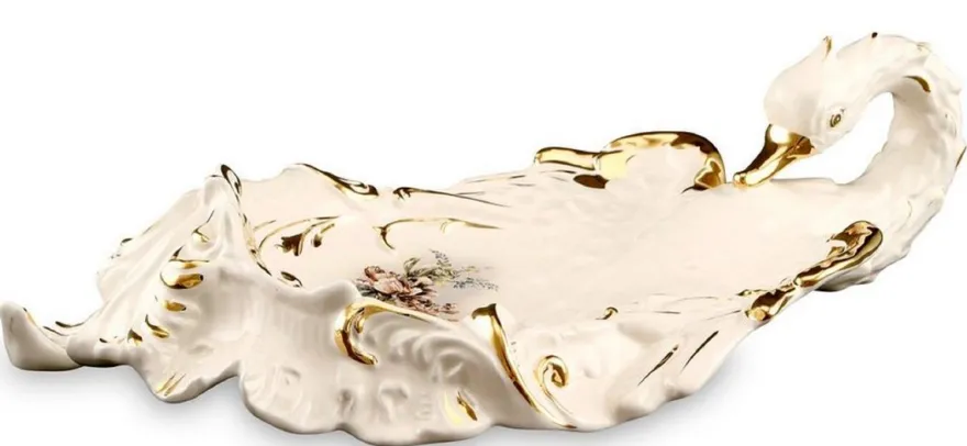 Casa Padrino Barock Serviertablett Schwan mit Blumen Elfenbeinfarben / Gold / Mehrfarbig 54 x 30 x H. 16 cm - Handbemaltes Keramik Tablett im Barockstil