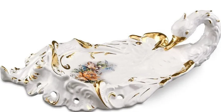 Casa Padrino Barock Serviertablett Schwan mit Blumen Weiß / Gold / Mehrfarbig 54 x 30 x H. 16 cm - Handbemaltes Keramik Tablett im Barockstil