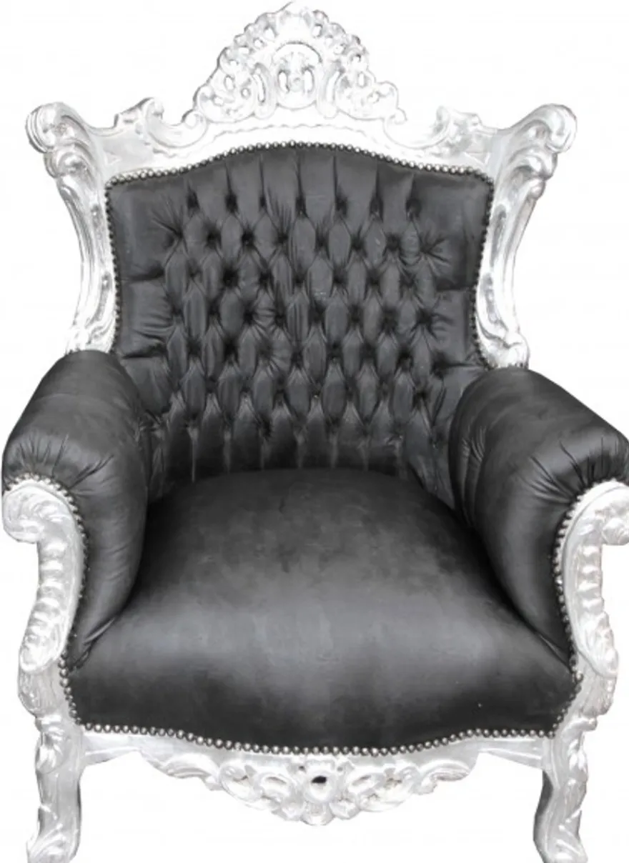 Casa Padrino Barock Sessel Al Capone im Antik Stil, Schwarz Lederoptik und Silber, Höhe 128 cm