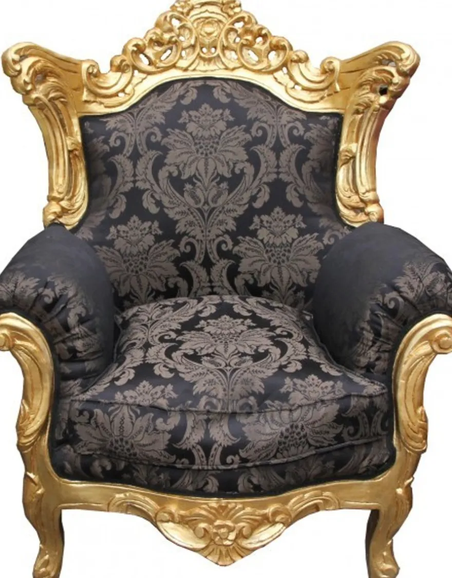 Casa Padrino Barock Sessel Al Capone im Antik Stil Schwarz Muster mit Gold 127 x 85 x 65 cm
