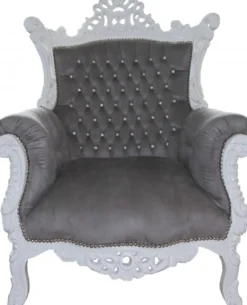 Casa Padrino Barock Sessel Al Capone Grau / Weiß mit Glitzersteinen, 128 x 90 x 80 cm