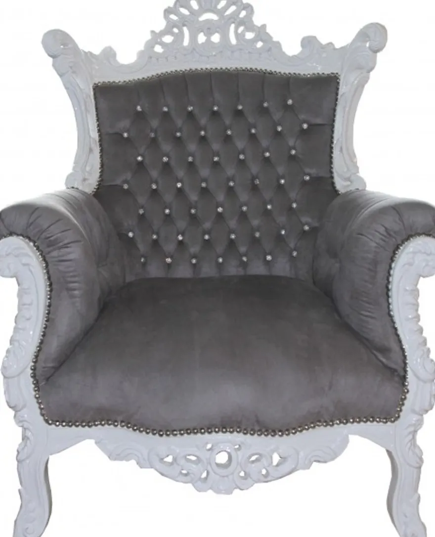 Casa Padrino Barock Sessel Al Capone Grau / Weiß mit Glitzersteinen, 128 x 90 x 80 cm