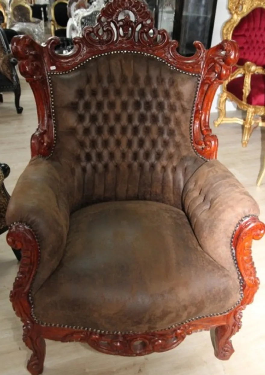 Casa Padrino Barock Sessel Al Capone Braun in edler Lederoptik, Höhe 128 cm, Breite 90 cm, Tiefe 80 cm