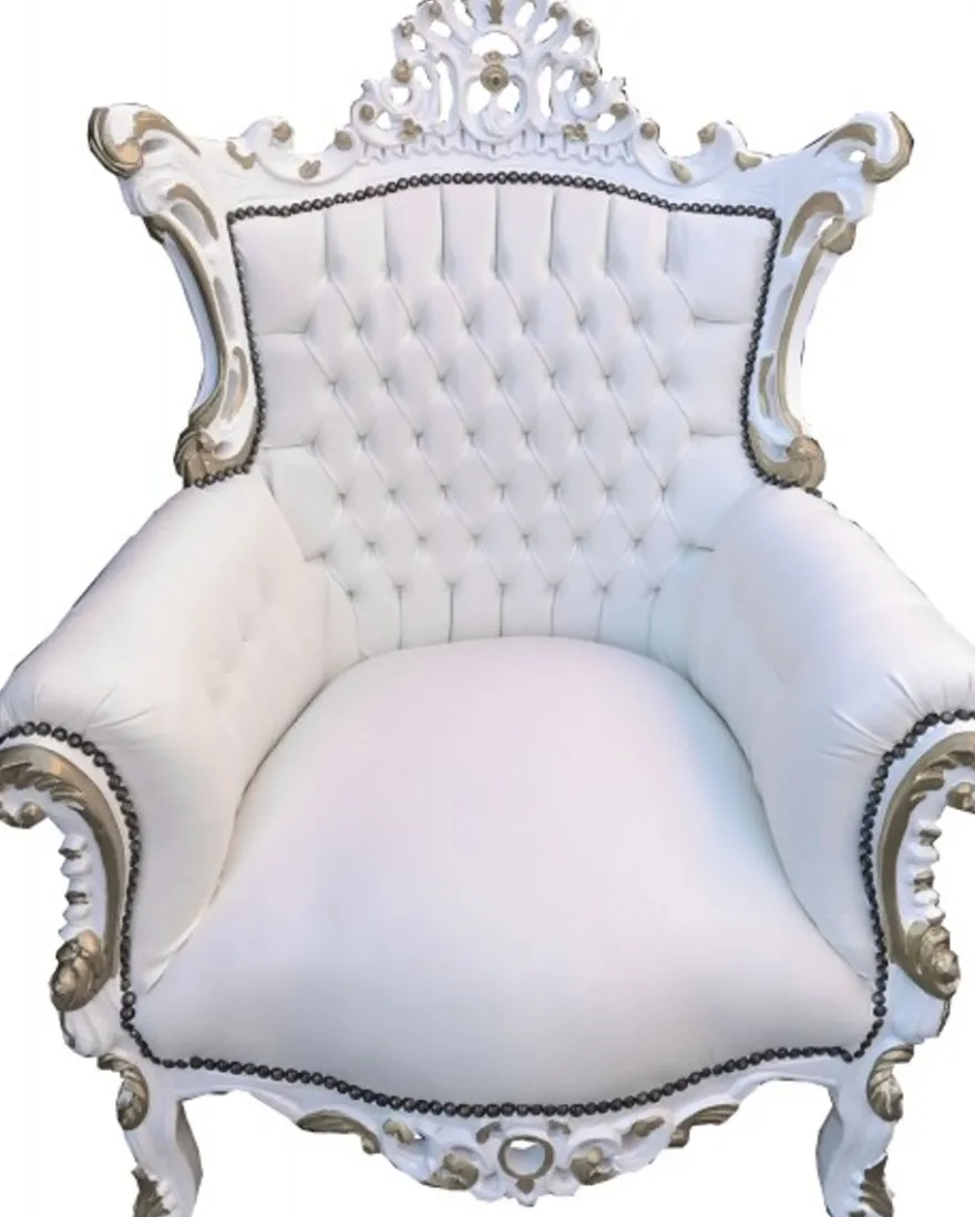 Casa Padrino Barock Sessel Al Capone Weiß / Weiß mit Goldbemalung - Antik Stil Möbel - 128 x 90 x 80 cm