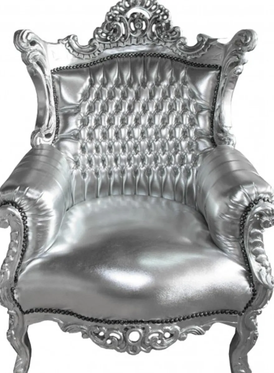 Casa Padrino Barock Sessel Al Capone im Antik Stil, Silber / Silber, Höhe 128 cm, Breite 90 cm, Tiefe 80 cm