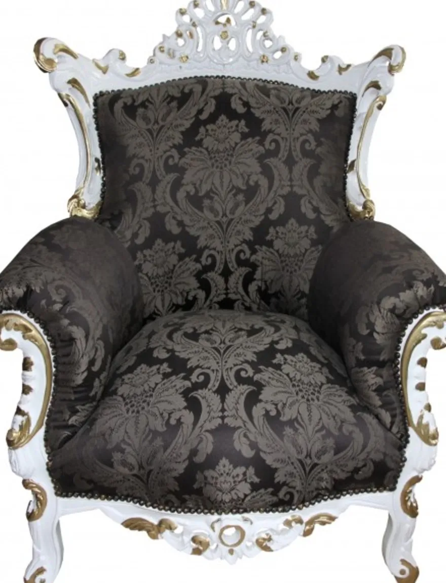 Casa Padrino Barock Sessel Al Capone Schwarz Muster / Weiß mit Gold Bemalung - Antik Stil Wohnzimmer Möbel - 127 x 90 x 80 cm