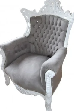 Casa Padrino Barock Sessel Al Capone Grau / Weiß mit Glitzersteinen, 128 x 90 x 80 cm