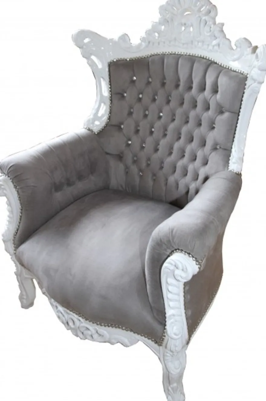 Casa Padrino Barock Sessel Al Capone Grau / Weiß mit Glitzersteinen, 128 x 90 x 80 cm
