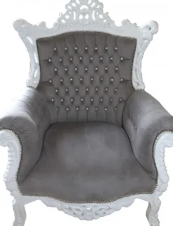 Casa Padrino Barock Sessel Al Capone Grau / Weiß mit Glitzersteinen, 128 x 90 x 80 cm