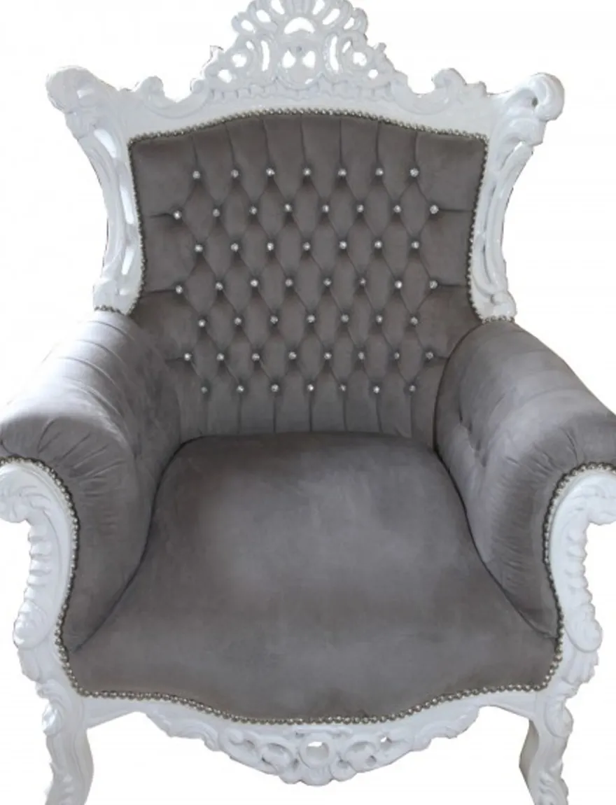 Casa Padrino Barock Sessel Al Capone Grau / Weiß mit Glitzersteinen, 128 x 90 x 80 cm