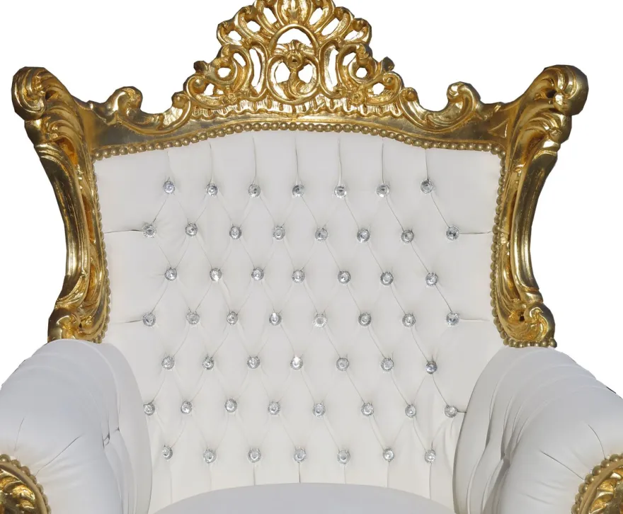 Casa Padrino Barock Sessel Al Capone im Antik Stil Weiß / Gold mit Glitzersteinen 128 x 90 x 80 cm