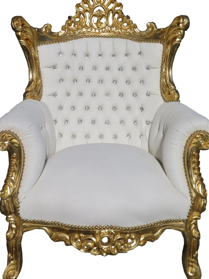 Casa Padrino Barock Sessel Al Capone im Antik Stil Weiß / Gold mit Glitzersteinen 128 x 90 x 80 cm